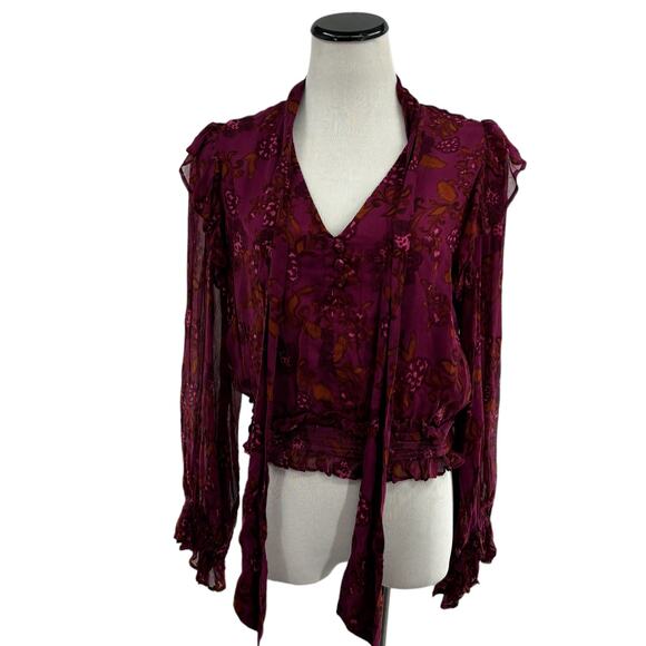 Cleobella Olivia Purple Botanical Floral Print Tie Neck Top - Picture 7 of 12